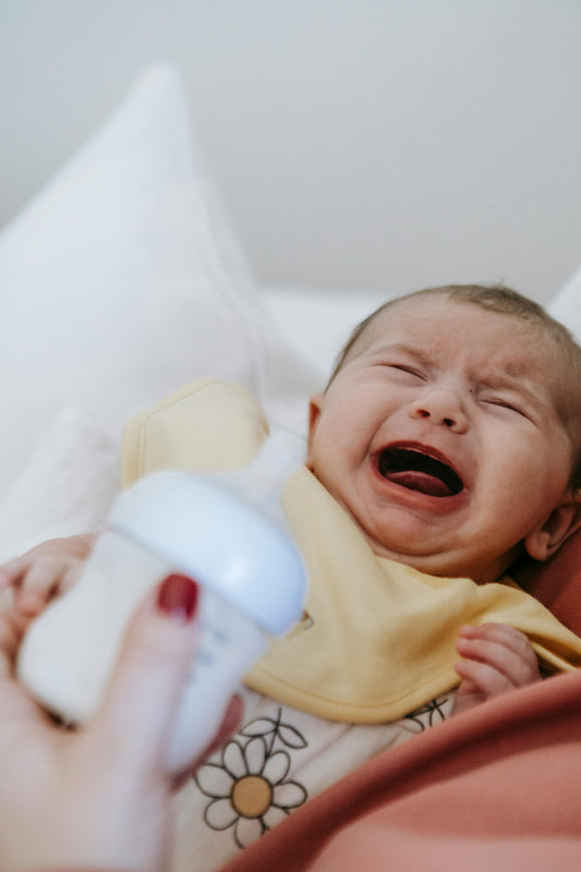 Crying baby being offered a bottle by a parent
